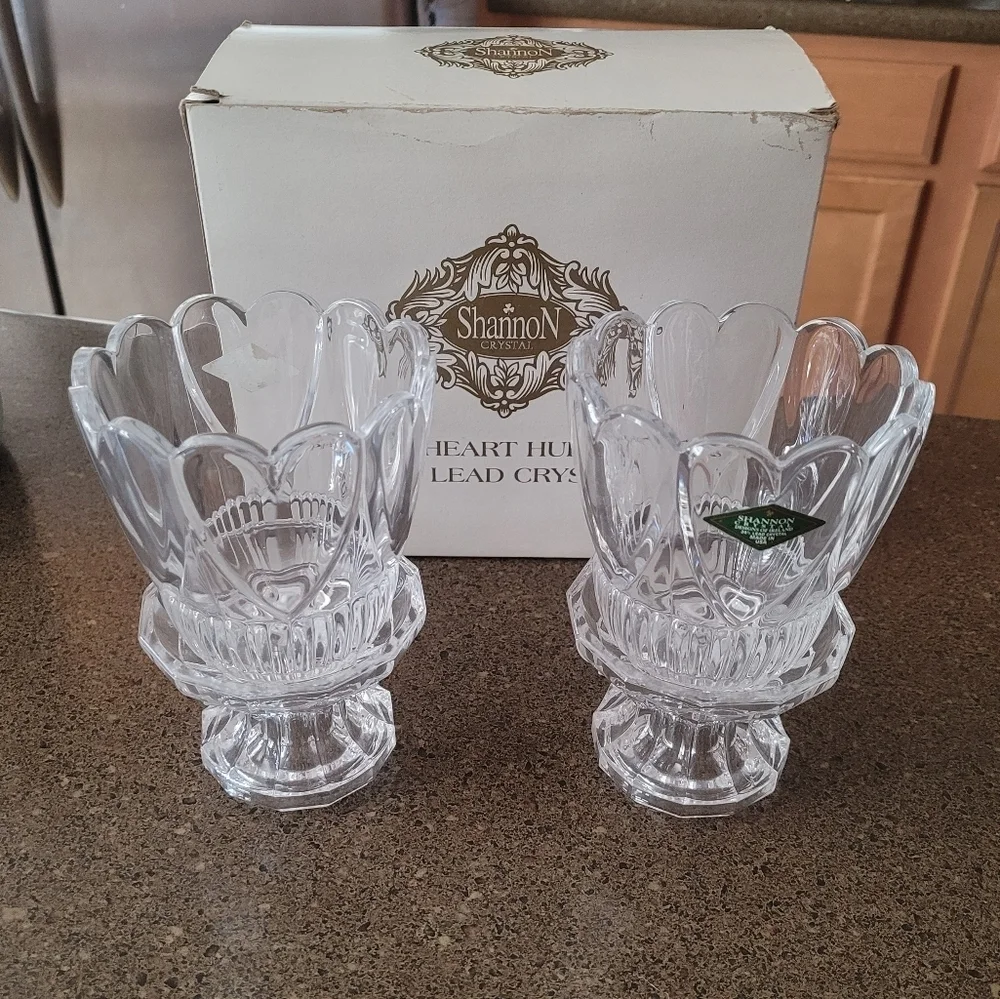 Shannon Crystal Pair of Heart Hurricane 24% Lead Crystal Candle Holders with Box